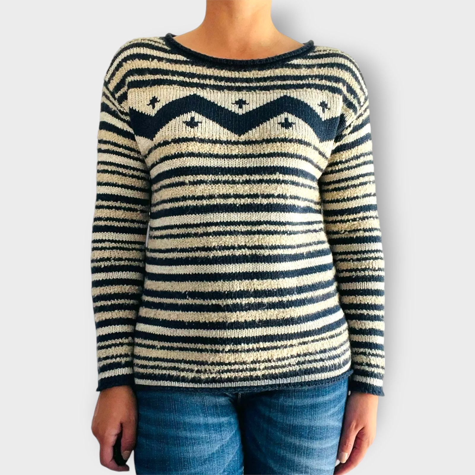 Lauren Ralph Lauren Sweater Southwestern Nordic Scoop Neck Thick Knit Striped M